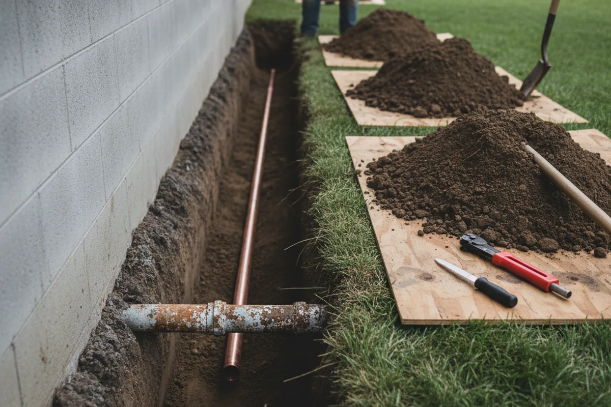 Excavated water line trench during Water Heater Repair in Pekin